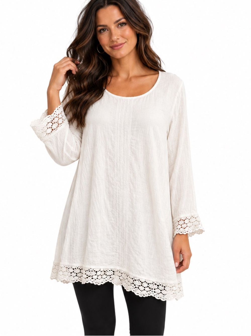 Dunes Relaxed Fashion White Cotton Crotched Trim Tunic 2X
